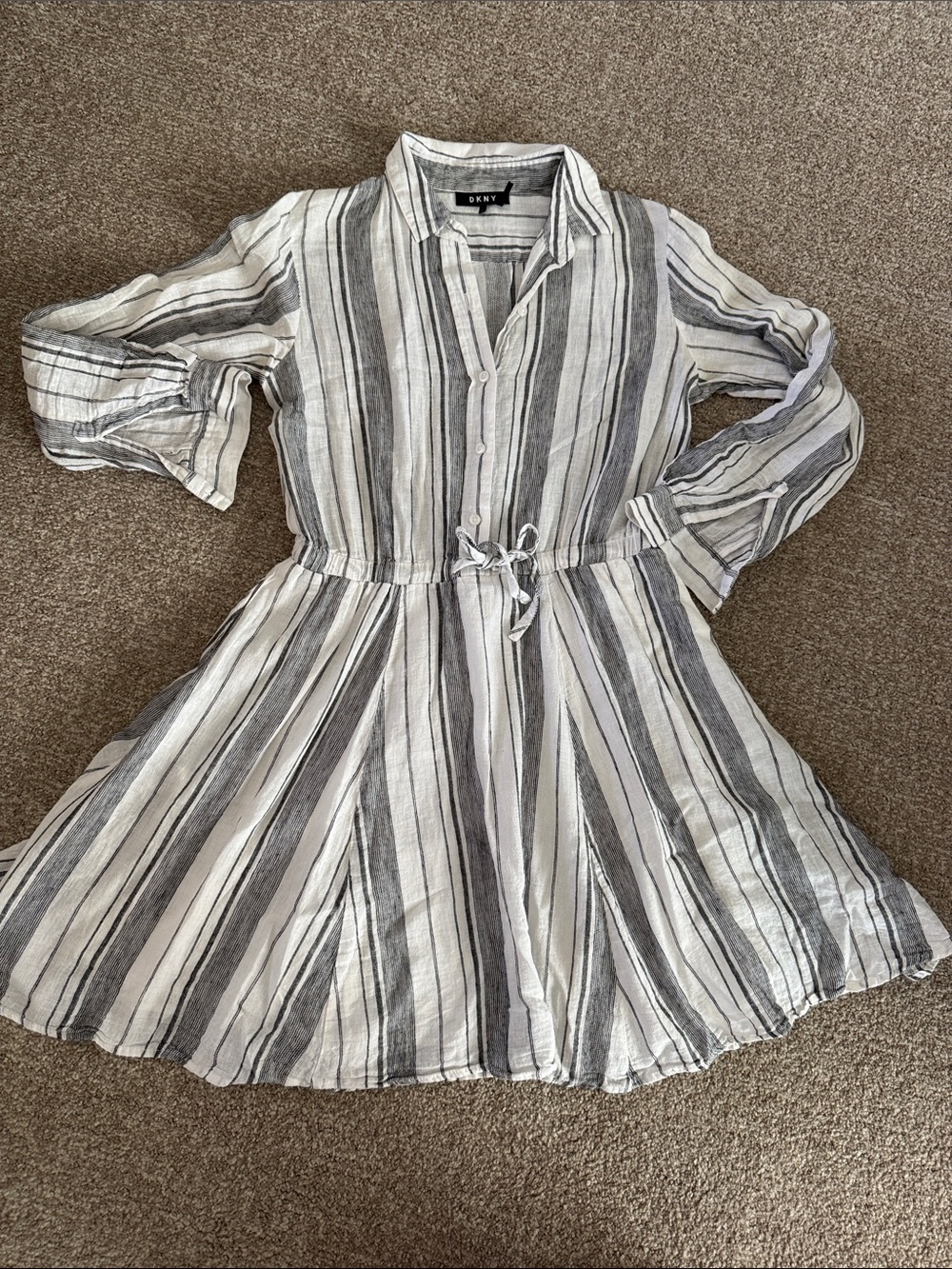 DKNY White and Gray Striped Mini Shirt Dress